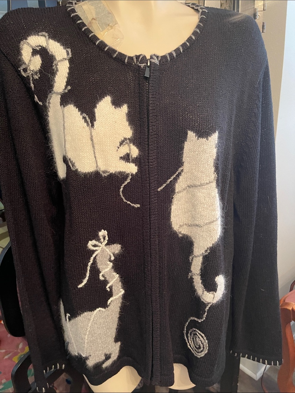 Coldwater Creek Black Zip-Up Sweater with White Cat Motifs